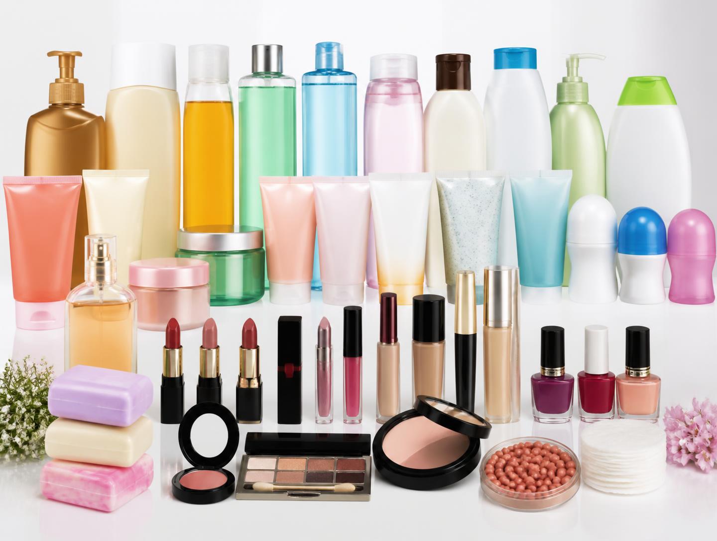 Cosméticos variados organizados em fileiras sobre fundo claro